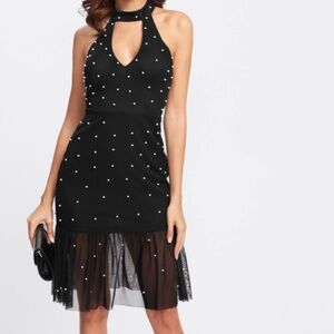Elegant Black Halter Dress with Pearl Accents